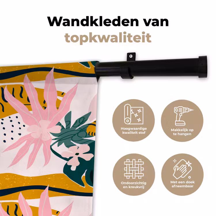 Tropisch - Tijger - Bladeren - Roze - Oranje Wandkleed katoen klein 269 -sfeer2