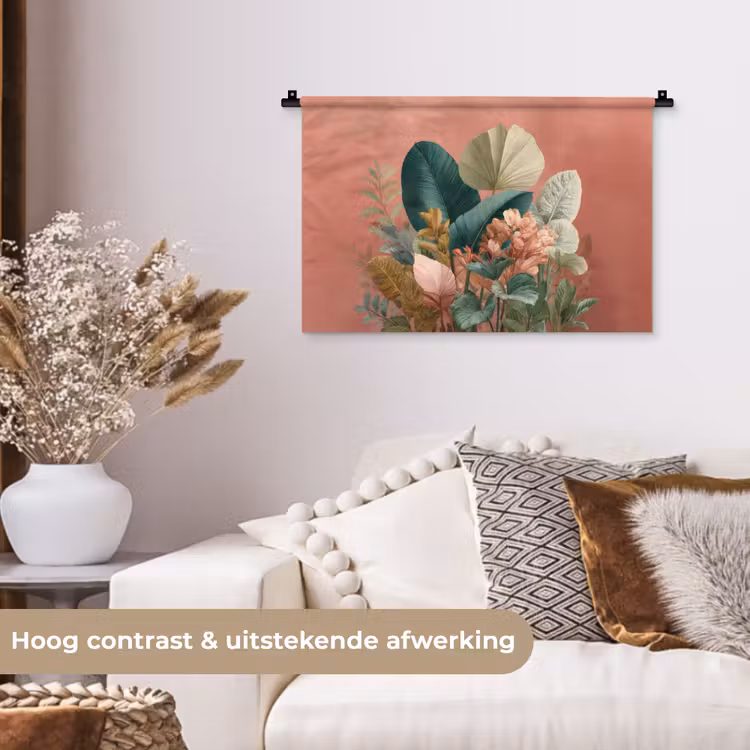 Tropische bladeren - Bloemen - Roze - groen Wandkleed katoen klein -sfeer1
