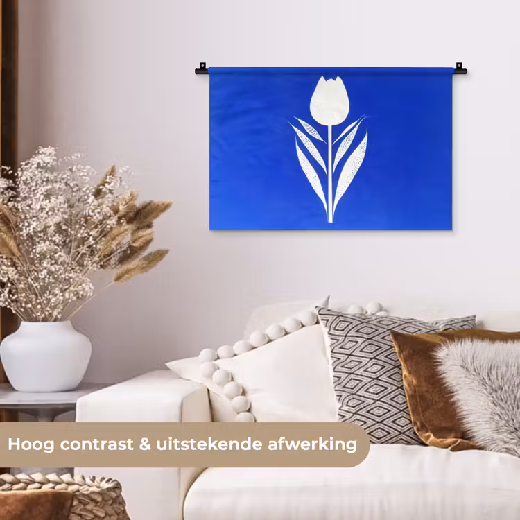 Tulp - Minimalistisch - Bladeren - Wit Wandkleed katoen klein -sfeer1