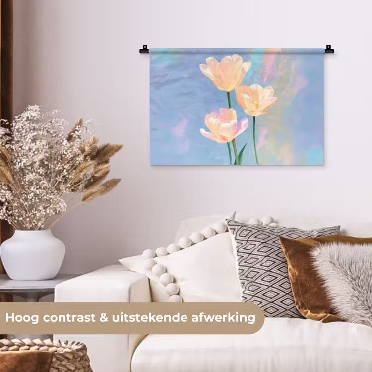 Tulpen - Roze accenten - Blauw Wandkleed katoen klein -sfeer1
