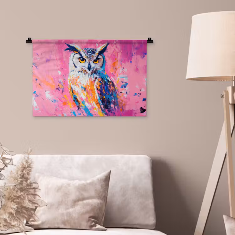 Uil - Roze - Blauw - Verf - Abstract Wandkleed katoen klein -sfeer4