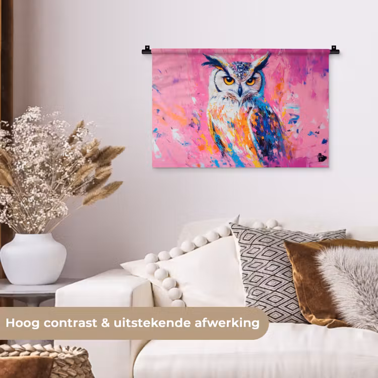 Uil - Roze - Blauw - Verf - Abstract Wandkleed katoen klein -sfeer1