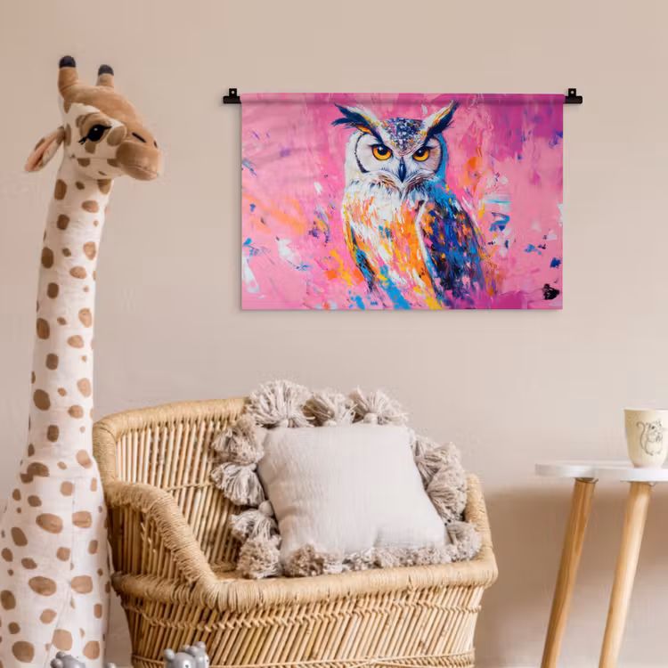 Uil - Roze - Blauw - Verf - Abstract Wandkleed katoen klein -wsfeer5_kind