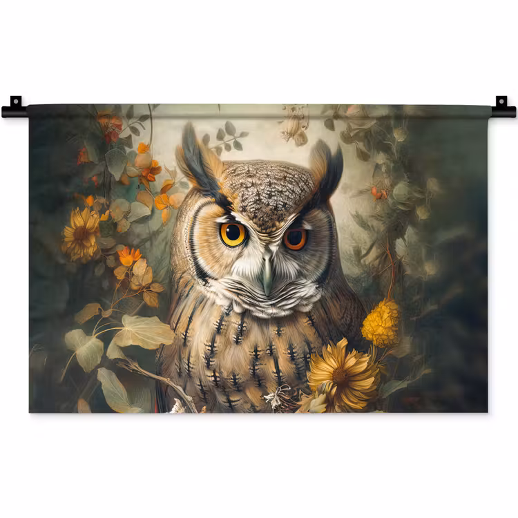 Uil - Vogels - Bloemen - Natuur Wandkleed katoen klein -zz3d