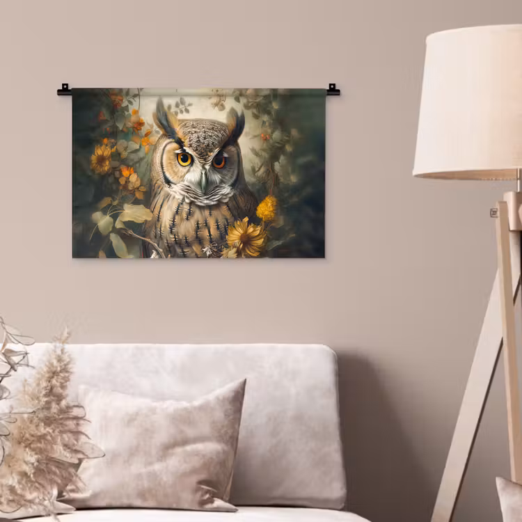 Uil - Vogels - Bloemen - Natuur Wandkleed katoen klein -sfeer4