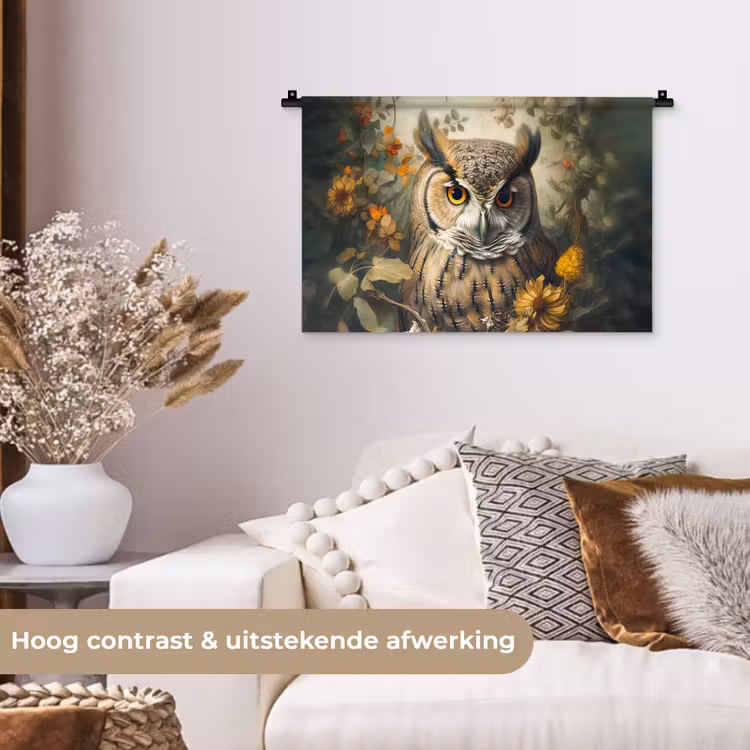 Uil - Vogels - Bloemen - Natuur Wandkleed katoen klein -sfeer1
