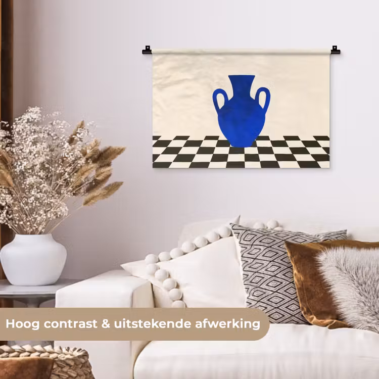 Vaas - Blauw - Geblokt - Modern Wandkleed katoen klein -sfeer1