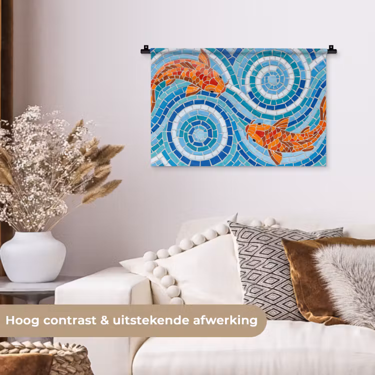 Vis - Mozaïek - Water - Decoratief - Blauw Wandkleed katoen klein -sfeer1