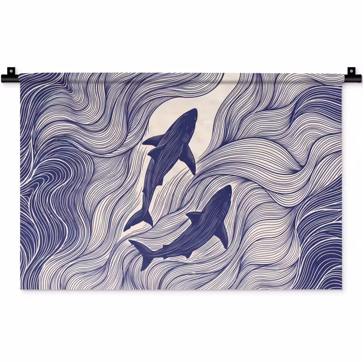 Vis - Oceaan - Lijntekening - Blauw - Dieren Wandkleed katoen klein -zz3d
