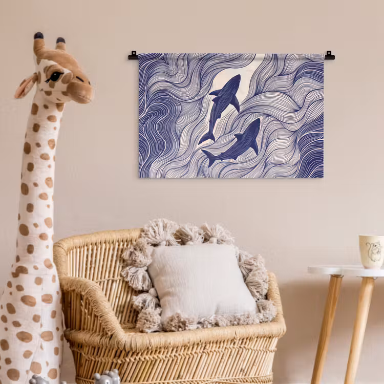 Vis - Oceaan - Lijntekening - Blauw - Dieren Wandkleed katoen klein -wsfeer5_kind