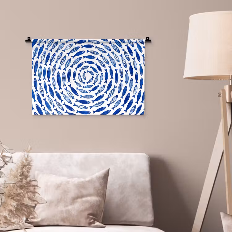 Vis - Patroon - Onderwater - Abstract - Blauw Wandkleed katoen klein -sfeer4