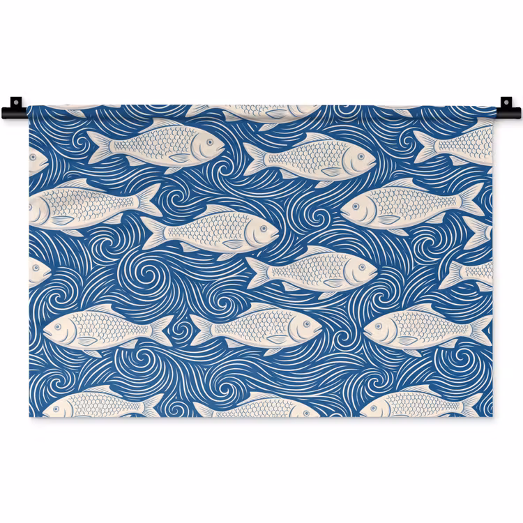 Vis - Water - Patroon - Grafisch - Blauw Wandkleed katoen klein -zz3d