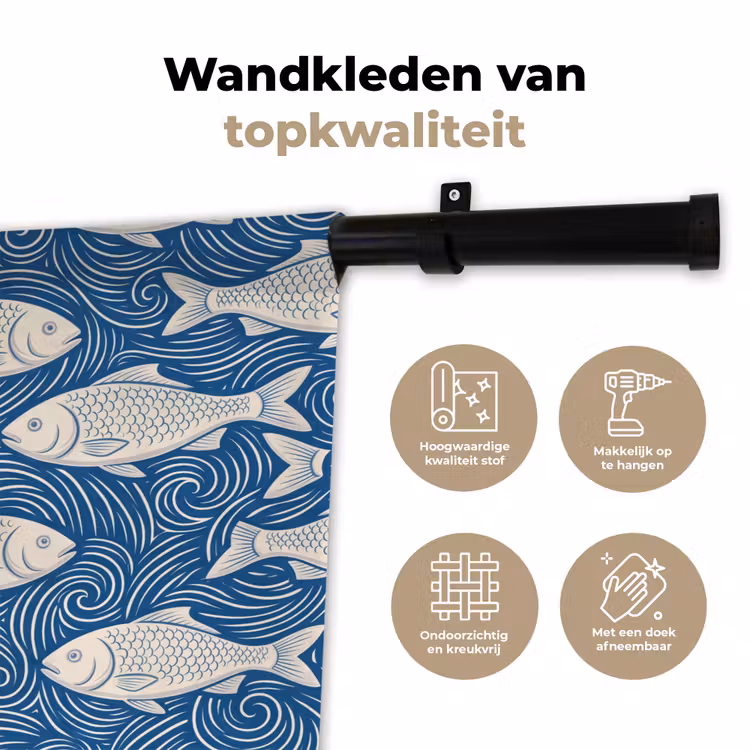 Vis - Water - Patroon - Grafisch - Blauw Wandkleed katoen klein -sfeer2