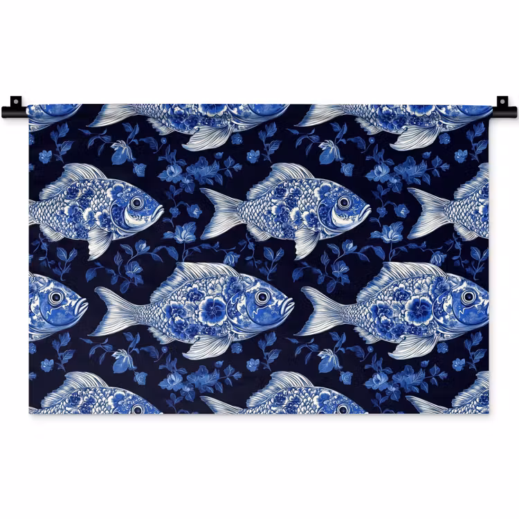 Vissen - Bloemen - Blauw Wandkleed katoen klein 269 -zz3d