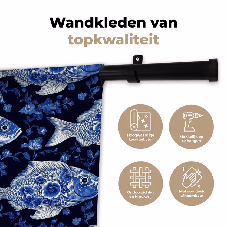 Vissen - Bloemen - Blauw Wandkleed katoen klein 269 -sfeer2