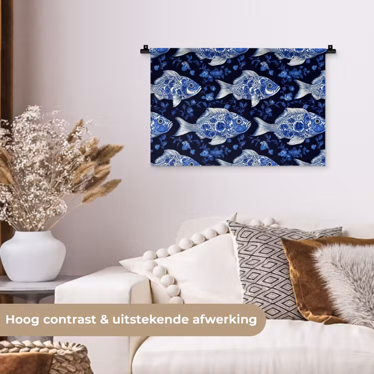 Vissen - Bloemen - Blauw Wandkleed katoen klein 269 -sfeer1