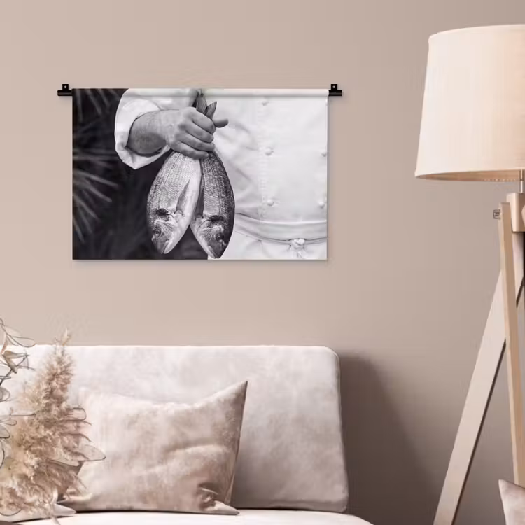 Vissen - Chef - Zwart - Wit Wandkleed katoen klein -sfeer4