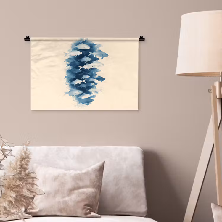 Vissen - Minimalistisch - Blauw Wandkleed katoen klein -sfeer4