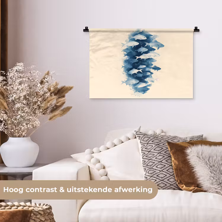 Vissen - Minimalistisch - Blauw Wandkleed katoen klein -sfeer1