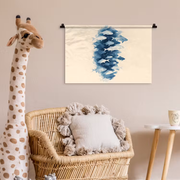 Vissen - Minimalistisch - Blauw Wandkleed katoen klein -wsfeer5_kind