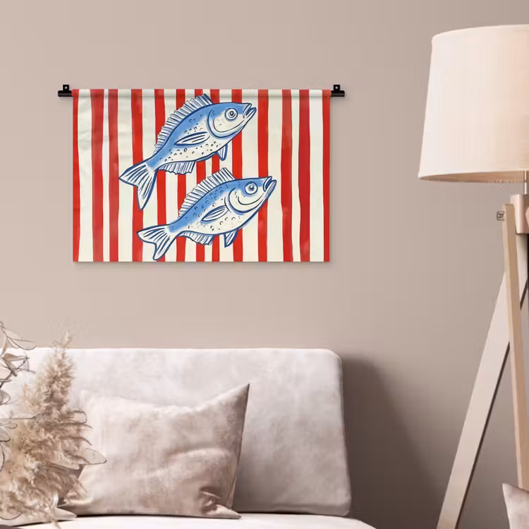 Vissen - Verticale strepen - Blauw - Rood Wandkleed katoen klein -sfeer4