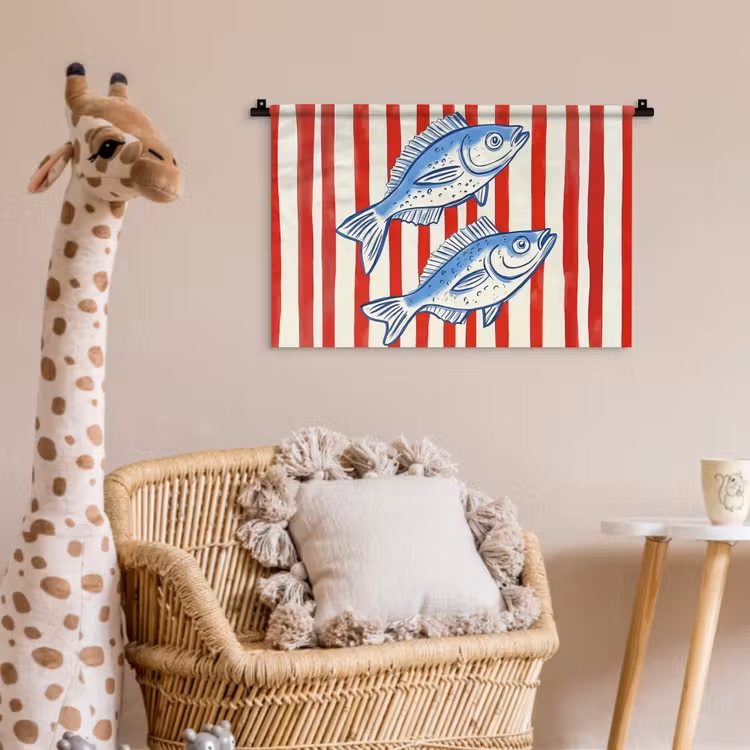 Vissen - Verticale strepen - Blauw - Rood Wandkleed katoen klein -wsfeer5_kind