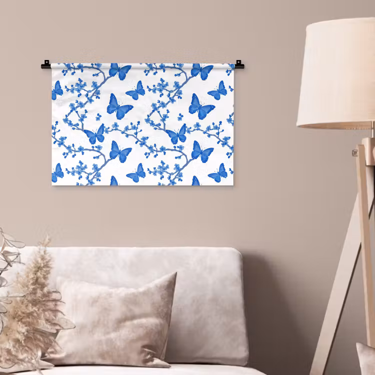 Vlinder - Bloemen - Blauw Wandkleed katoen klein 269 -sfeer4