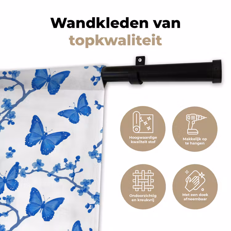 Vlinder - Bloemen - Blauw Wandkleed katoen klein 269 -sfeer2