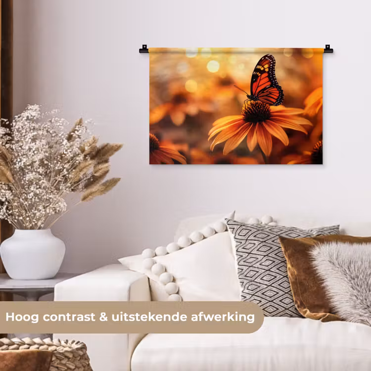 Vlinder - Bloemen - Oranje Wandkleed katoen klein -sfeer1