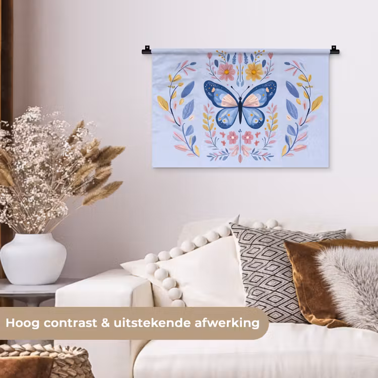 Vlinder - Lichtblauw - Sierlijk - Bloemen Wandkleed katoen klein -sfeer1