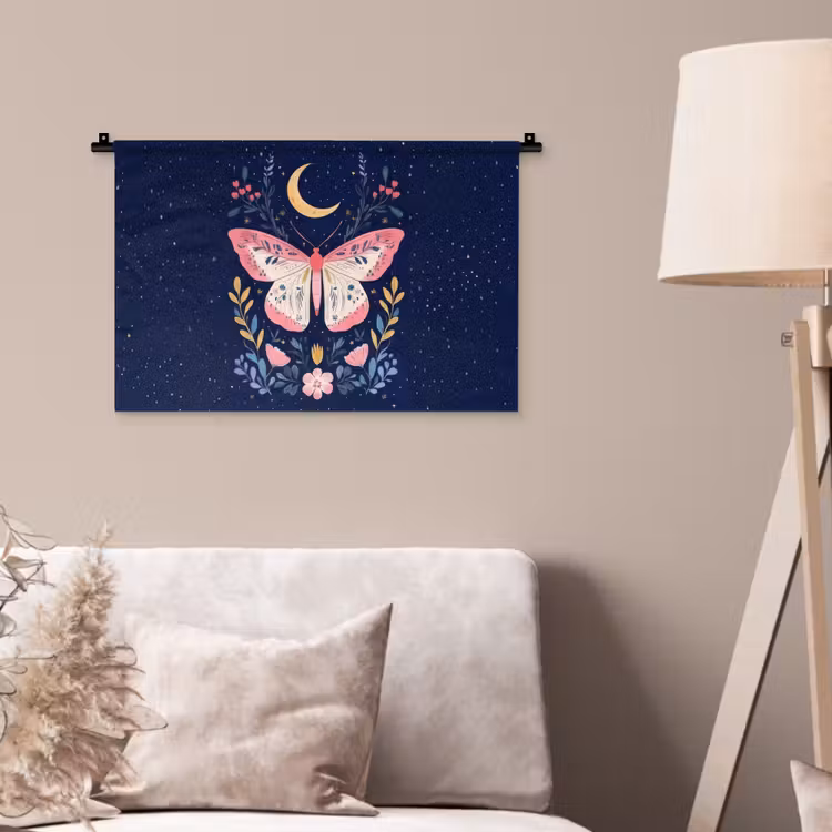 Vlinder - Maan - Bloemen - Sterrenhemel Wandkleed katoen klein -sfeer4