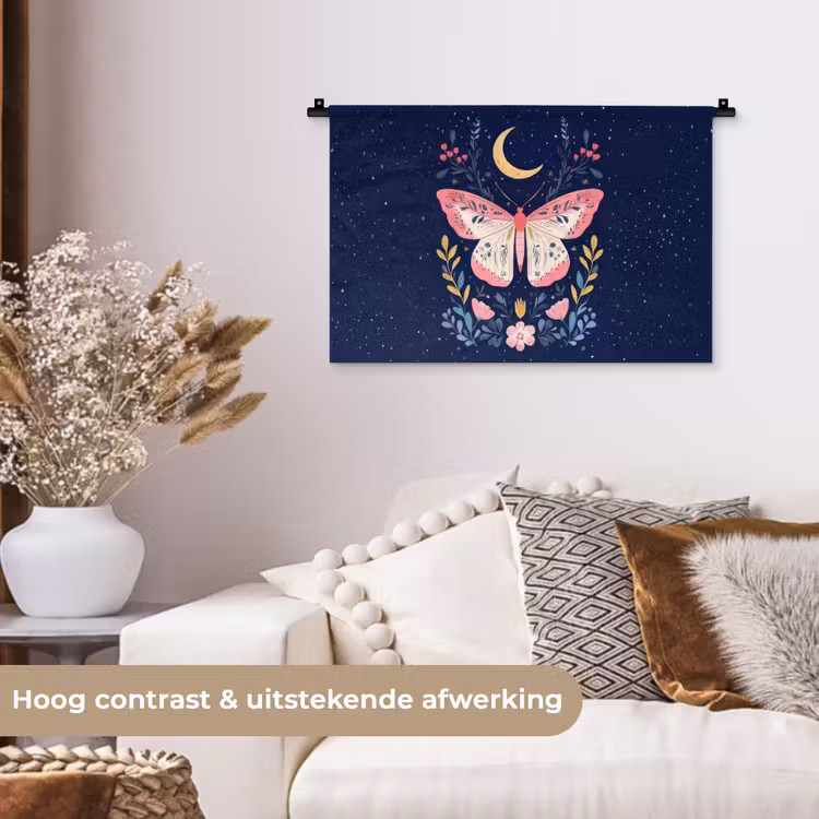 Vlinder - Maan - Bloemen - Sterrenhemel Wandkleed katoen klein -sfeer1