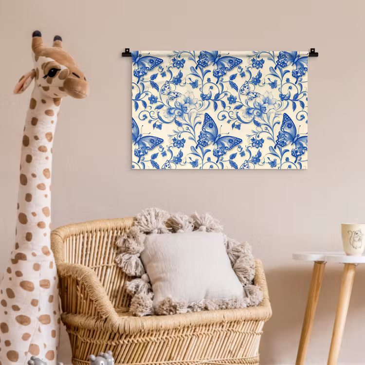 Vlinders - Bloemen - Blauw - Botanisch Wandkleed katoen klein 269 -wsfeer5_kind