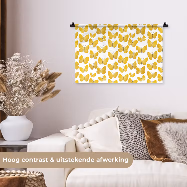 Vlinders - Botanisch - Illustratie - Geel - Wit Wandkleed katoen klein 269 -sfeer1