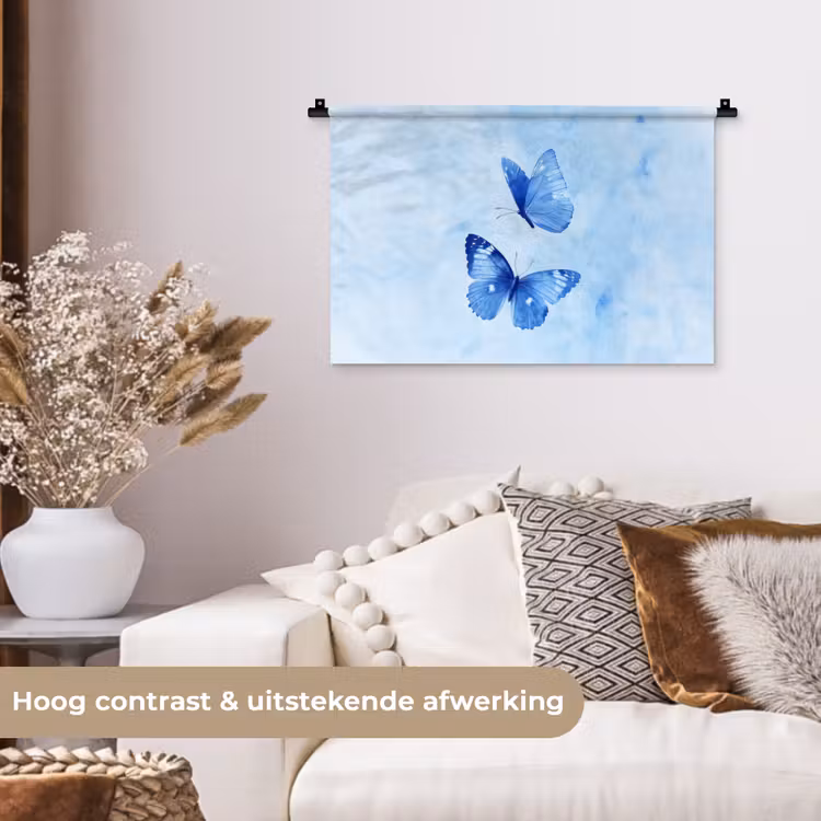 Vlinders - Sierlijk - Blauw Wandkleed katoen klein -sfeer1