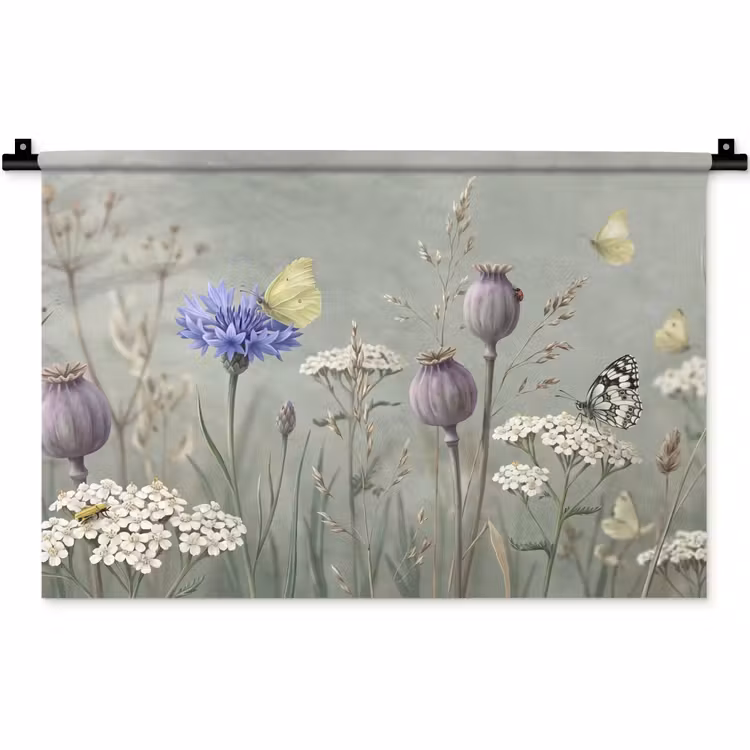 Vlinders - Wildbloemen - Illustratie - Kleurrijk Wandkleed katoen klein -zz3d