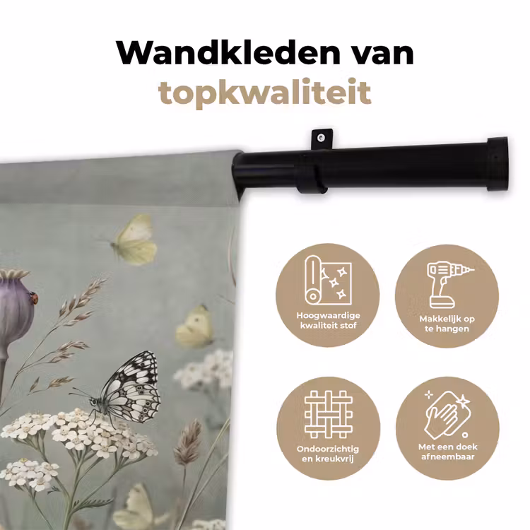 Vlinders - Wildbloemen - Illustratie - Kleurrijk Wandkleed katoen klein -sfeer2