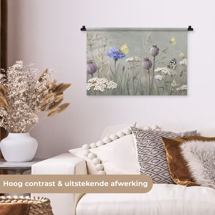 Vlinders - Wildbloemen - Illustratie - Kleurrijk Wandkleed katoen klein -sfeer1