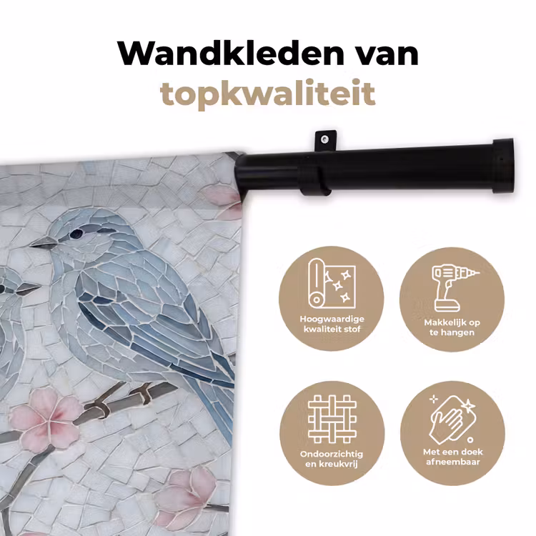 Vogel - Bloemen - Natuur - Mozaïek - Roze Wandkleed katoen klein -sfeer2
