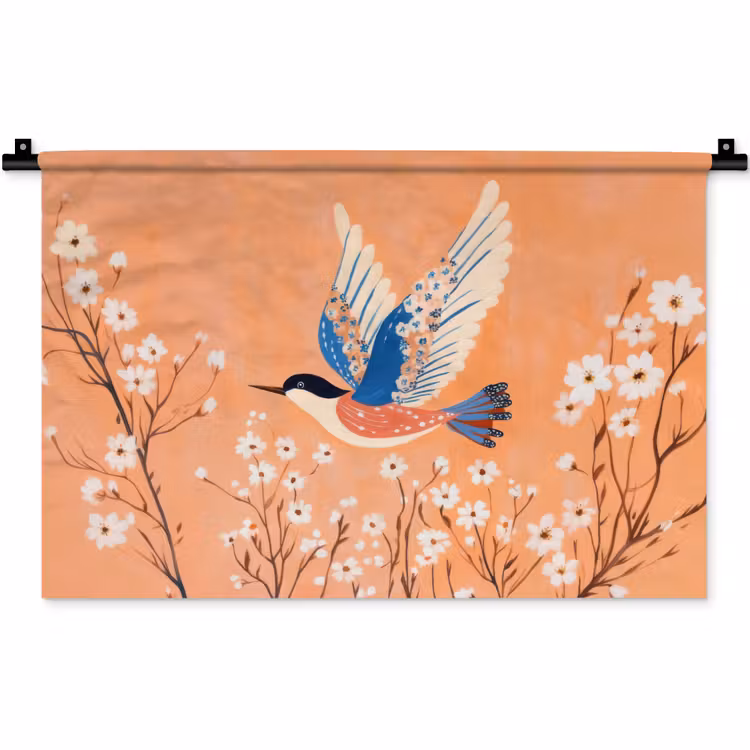 Vogel - Bloesemtakken - Warm - Kleurrijk Wandkleed katoen klein -zz3d