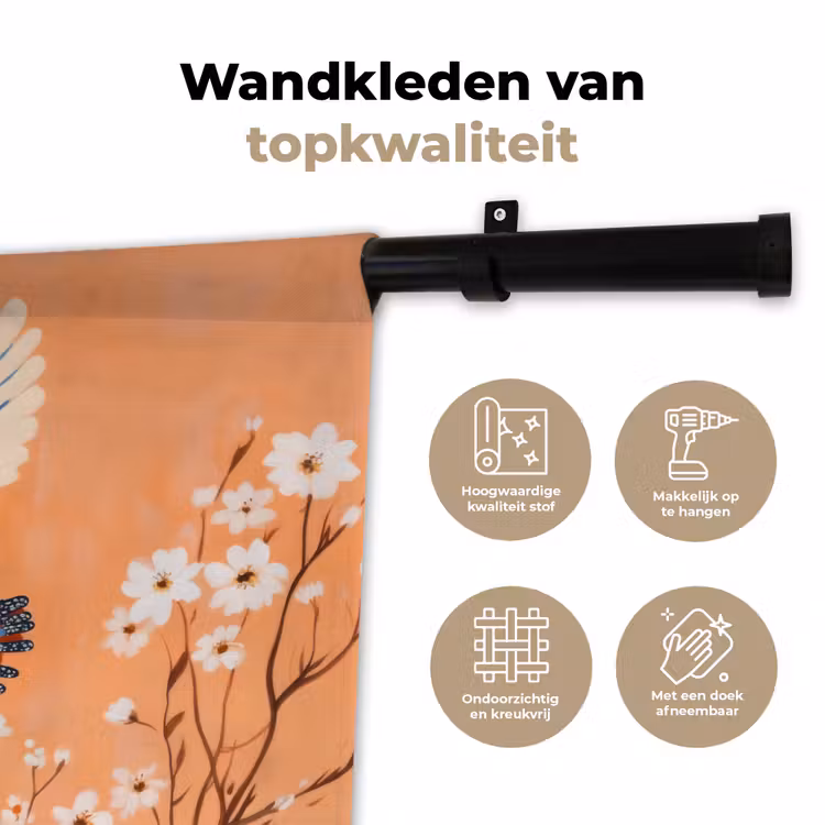 Vogel - Bloesemtakken - Warm - Kleurrijk Wandkleed katoen klein -sfeer2