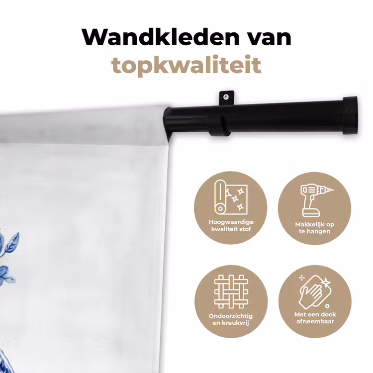 Vogel - Delfts blauw - Illustratie - Bloemen Wandkleed katoen klein -sfeer2