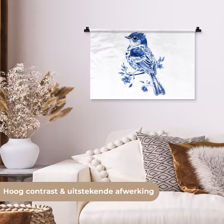 Vogel - Delfts blauw - Illustratie - Bloemen Wandkleed katoen klein -sfeer1