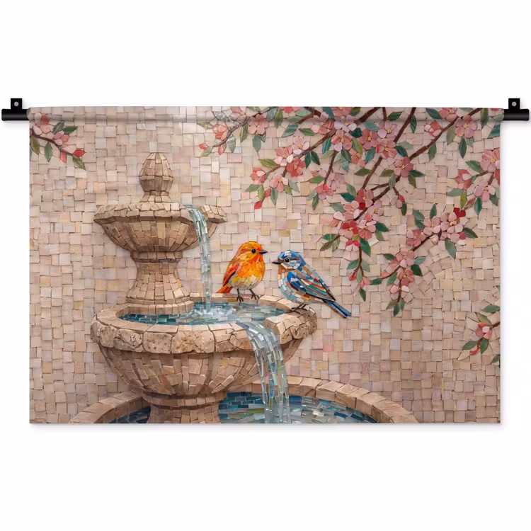 Vogel - fontein - mozaiek - kleurrijk - dieren Wandkleed katoen klein -zz3d