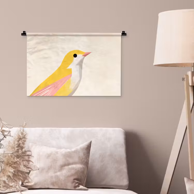 Vogel - Minimalistisch - Geel Wandkleed katoen klein -sfeer4