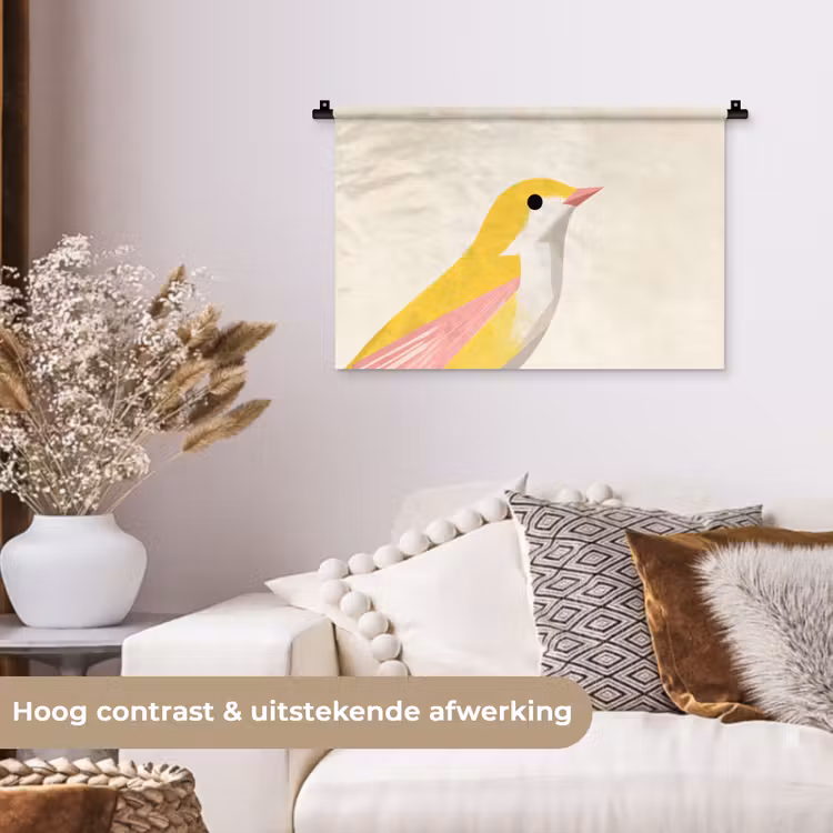 Vogel - Minimalistisch - Geel Wandkleed katoen klein -sfeer1