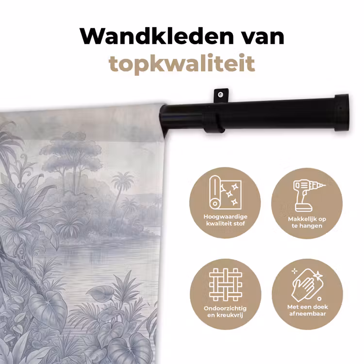 Vogel - Rivier - Tropisch - Illustratie - Blauw Wandkleed katoen klein -sfeer2