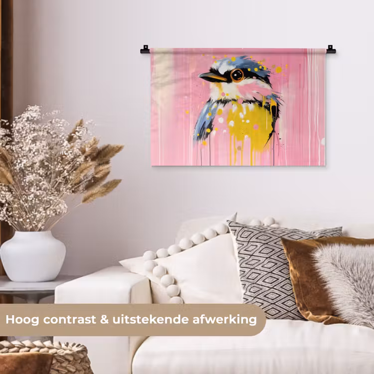 Vogel - Roze - Geel - Blauw Wandkleed katoen klein -sfeer1