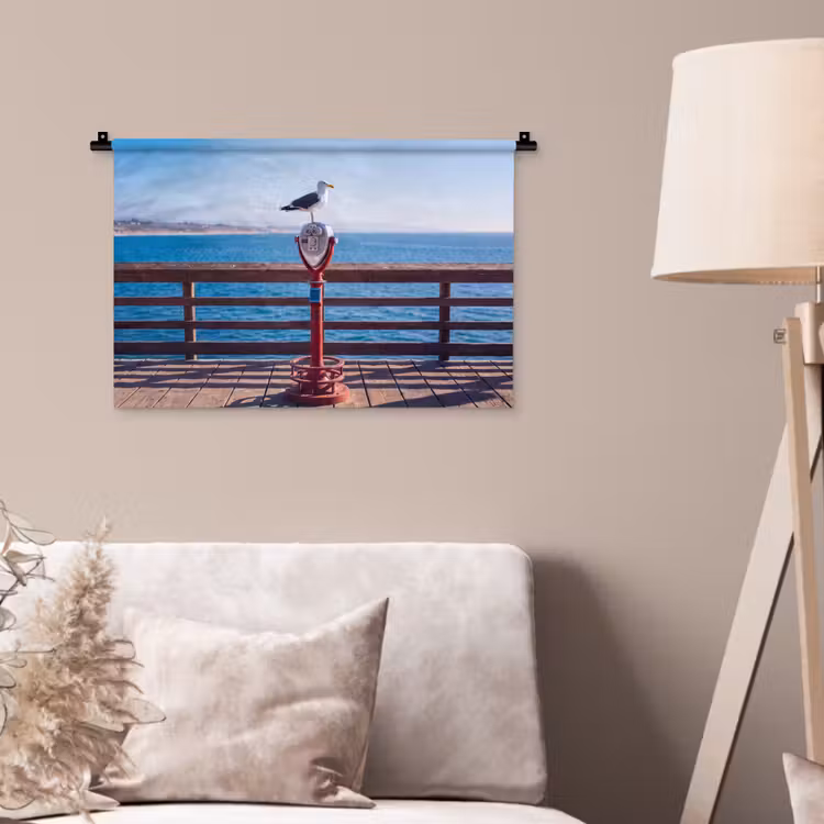 Vogel - Verrekijker - Kust - Zee - Blauw Wandkleed katoen klein -sfeer4