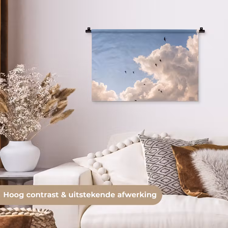 Vogel - Vlucht - Wolken - Natuur - Blauw Wandkleed katoen klein -sfeer1